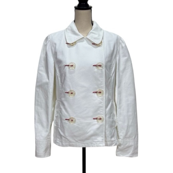 Old Navy White Double-Breasted Cotton Jacket with Red Stitching – Size Large - Picture 13 of 13